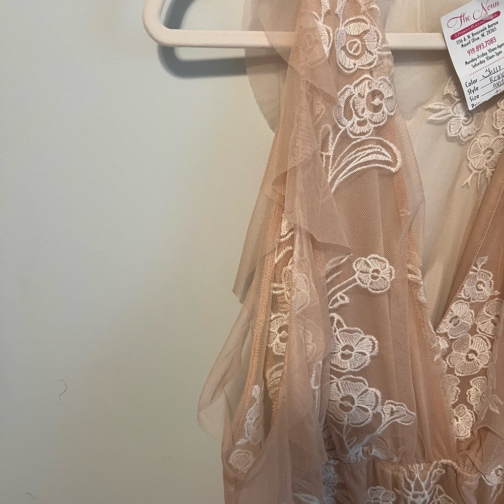 Floral Embroidered Sheer Tan Romper - Picture 2 of 4